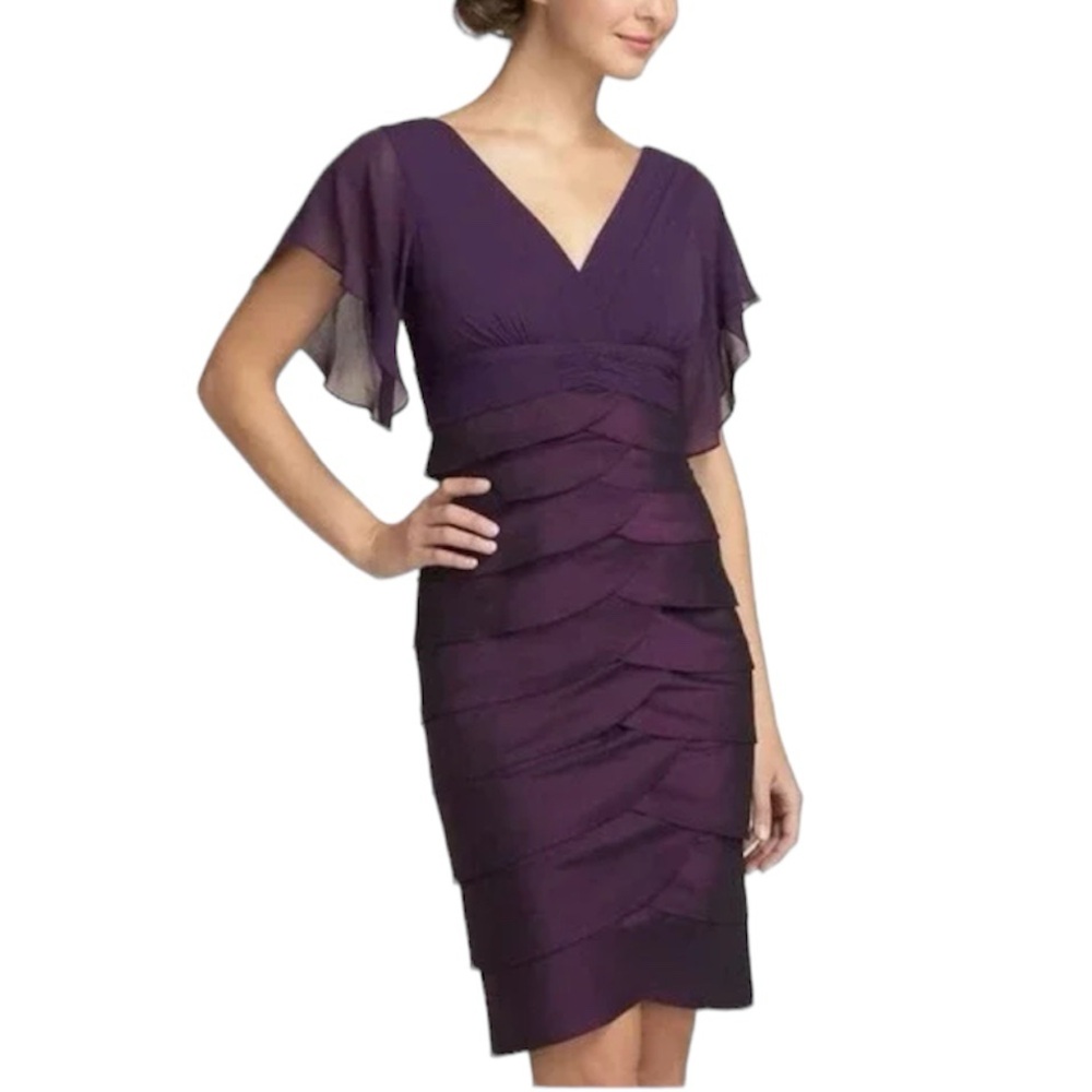 Adrianna Papell Purple Plum Chiffon Ruffle Shutter Sheath Dress Size 6